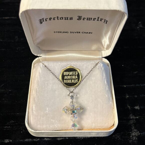 Vintage Imported Aurora Borealis AB Crystal Cross Sterling Silver Chain Necklace - Picture 1 of 5